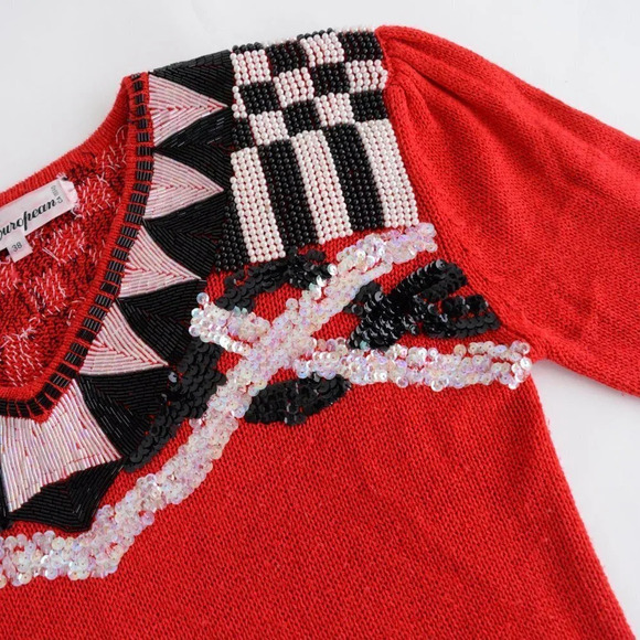 Vintage L.L. European Red with Black & White Beaded V-neck Knit Sweater Size 38 - Picture 11 of 12